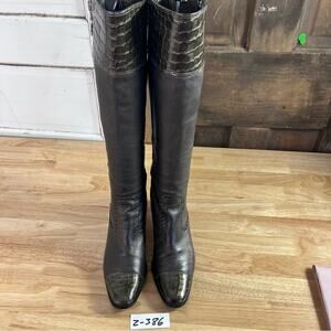 Brighton Torch Boots 8.5 M Pewter Leather Croc Patent Embossed Trim Zip Tall